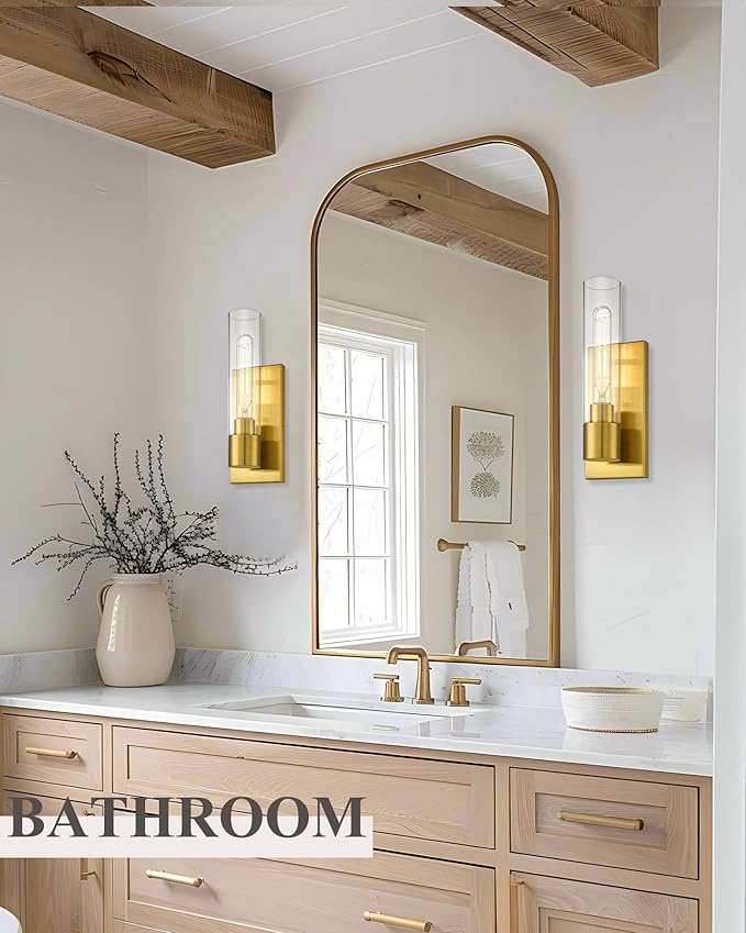 1-Light Bathroom Vanity Light, HWH Modern Sconce Wall Lighting with Cylinder Clear Glass Shade, Vanity Wall Sconce in Brushed Gold Finish for Bedroom Kitchen Powder Room, 5HY104B BG