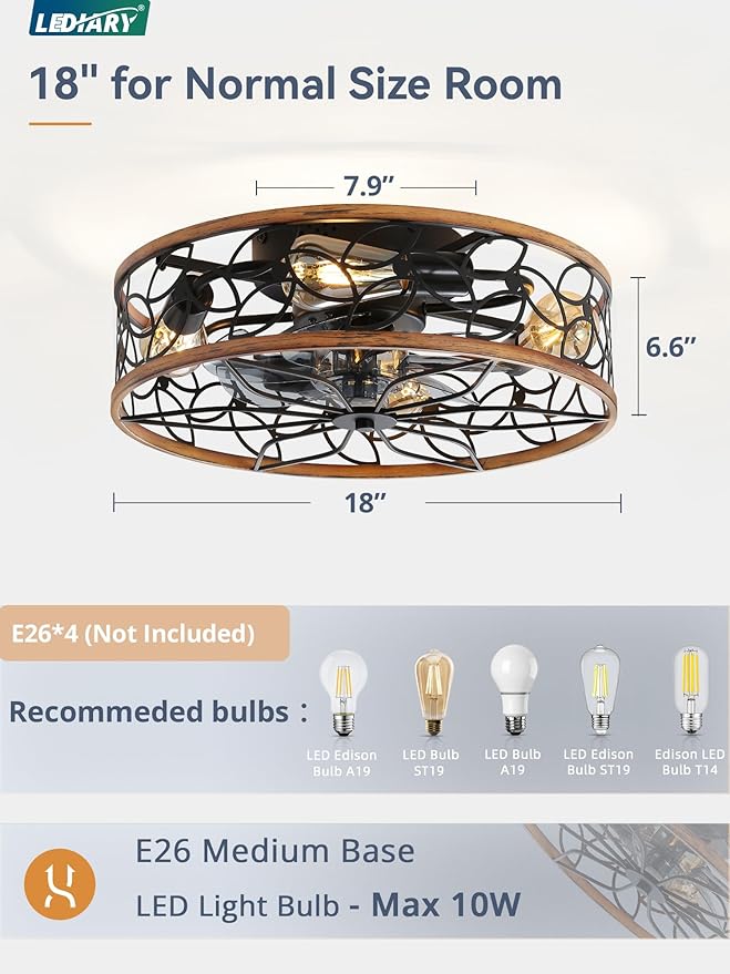 LEDIARY Caged Ceiling Fans with Lights, Farmhouse Flush Mount Ceiling Fan with Remote, Black&Walnut Low Profile Ceiling Fan Light Fixture for Bedroom, Kitchen, Dining Room.