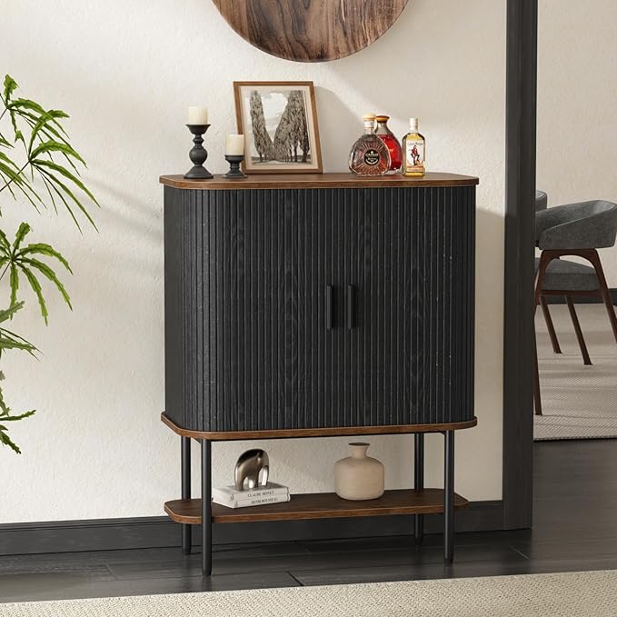Black Coffee Bar Cabinet with Storage, Fluted Wine Liquor Cabinet with Sliding Doors, Glass Holder and Wine Rack, Buffet Sideboard for Kitchen, Dining Room, Living Room