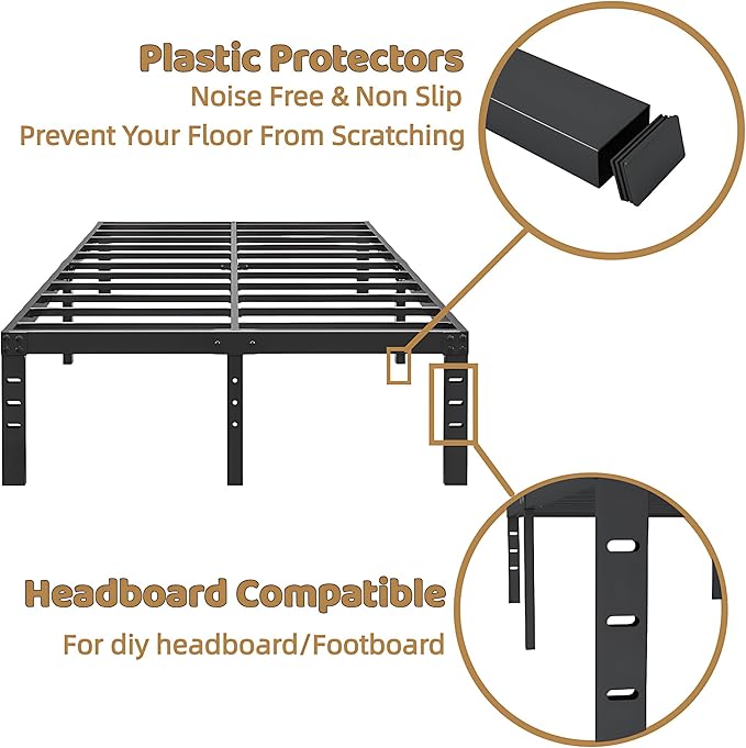 20 Inch Full Size Bed Frame, No Box Spring Needed, Heavy Duty Black Metal Platform Mattress Foundation with Steel Slats, Non-Slip Noise Free Easy Assembly, Large Storage