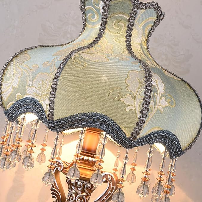 Lovely Table Lamp with Fabric Lampshade, Antique Flower Decorative Bedside Desk Lamp, Crystal Night Light for Bedroom Nightstand, Blue Finish