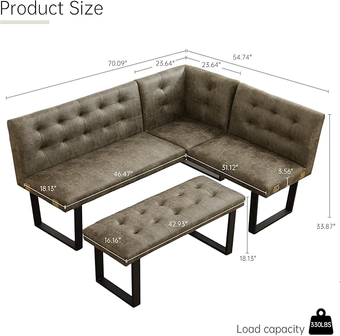 Modern L-Shaped Dining Bench, Vintage Fabric Upholstered Corner Sofa with Metal Legs for Kitchen Nook, Living Room, Dining Room (Brown)