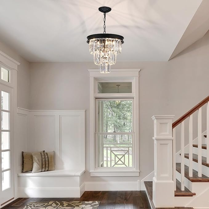 Crystal Chandeliers for Dining Room Light Fixtures Over Table，4-Lights Modern Black Crystal Pendant Lighting Fixture，3 Tiers Small Chandeliers for Kitchen Island Bedroom Entryway D12 Inch