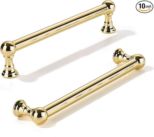khtumeware 10 Pack 6 Inch Hole Center Polished Brass Cabinet Pulls Heavy Duty Solid Polished Gold Cabinet Handles cabinets Dressers Kitchens Handles Bathroom cabinets