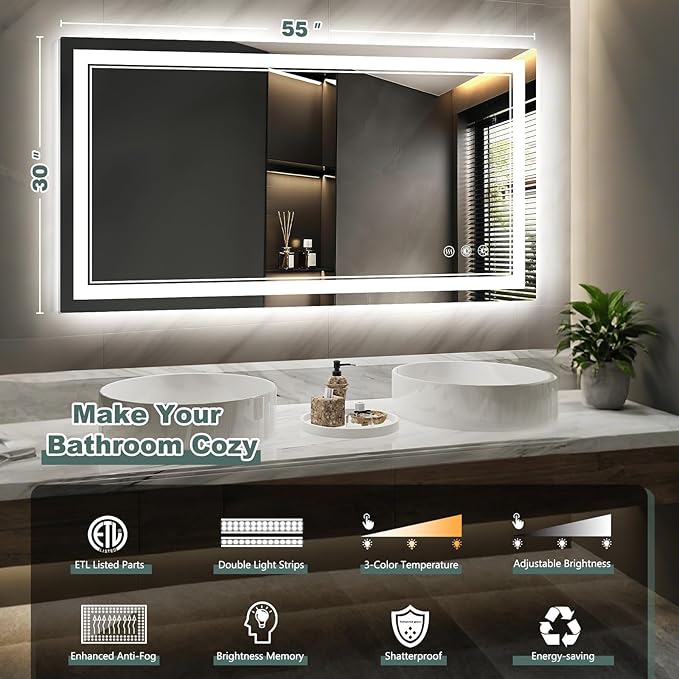 LED Bathroom Mirror with Lights: 55"x30" Wall Mounted Large Lighted Mirrors Fogless, Anti-Fog,Dimmable,Memory Function, Shatterproof Tempered Glass, Espejos para Baños, ETL Listed