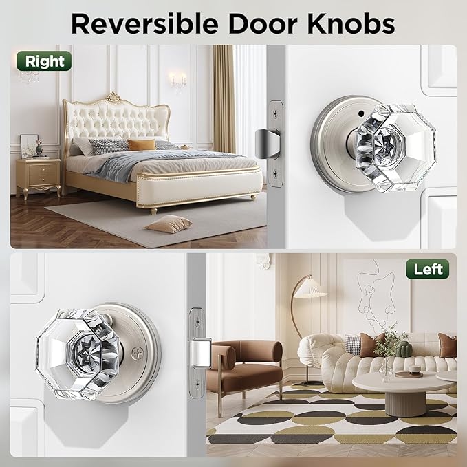1 Pack Crystal Door Knob, Octagon Shaped Glass Door Knobs Interior with Lock, Satin Nickel Door Knobs Interior Glass