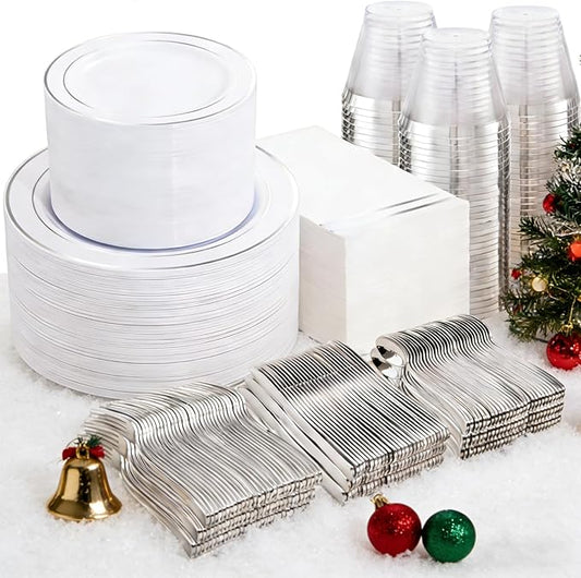 NOCCUR 700PCS Silver Plastic Plates Disposable for 100 Guests - Include 100 Dinner/Dessert White Plastic Plates with Silver Trim,300 Cutlery,100 Cups,100 Napkins for Party&Christmas