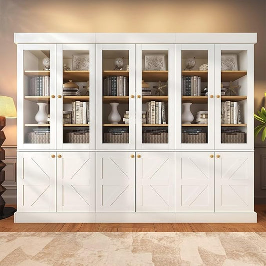 Vyre 71" Tall Farmhouse Bookshelves with Glass Doors, Set of 3 – Large Modular Bookcase with Adjustable Shelves, Storage Cabinet for Living Room, Kitchen, Home Office, White