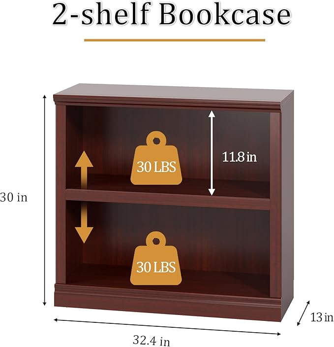 blini 2-Shelf Bookcase Wooden Bookshelves 33in Wide Floor Standing Display Storage Shelves Mahogany Bookcase for Home Office, Living Room, Bed Room