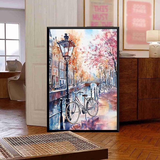 Framed Canvas Prints Amsterdam Canal Bikes Watercolor Print Netherlands Wall Art Print Amsterdam Cityscape Painting Dutch City Travel Poster Wall Hanging 12x18in-Black-Metal-Framed