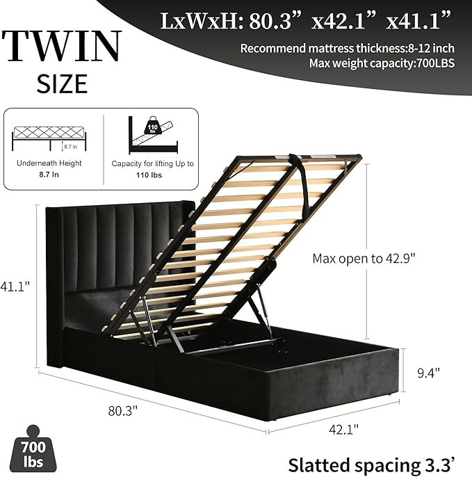 YUHUASHI Queen Size Hydraulic Storage Bed, Upholstered Platform Bed Frame, Modern Wingback Design Headboard, Velvet Fabric with Hydraulic Support Bars, No Box Spring Required (Black, Twin)