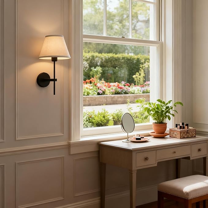 Pathson Vintage Linen Wall Sconce Big Flared Fabric Lampshade, Hardwired Wall Vanity Light Fixture Upwards Install, Indoor Bedside Lamp Victorian Decor for Living Room, Stairwell, Fireplace, Foyer