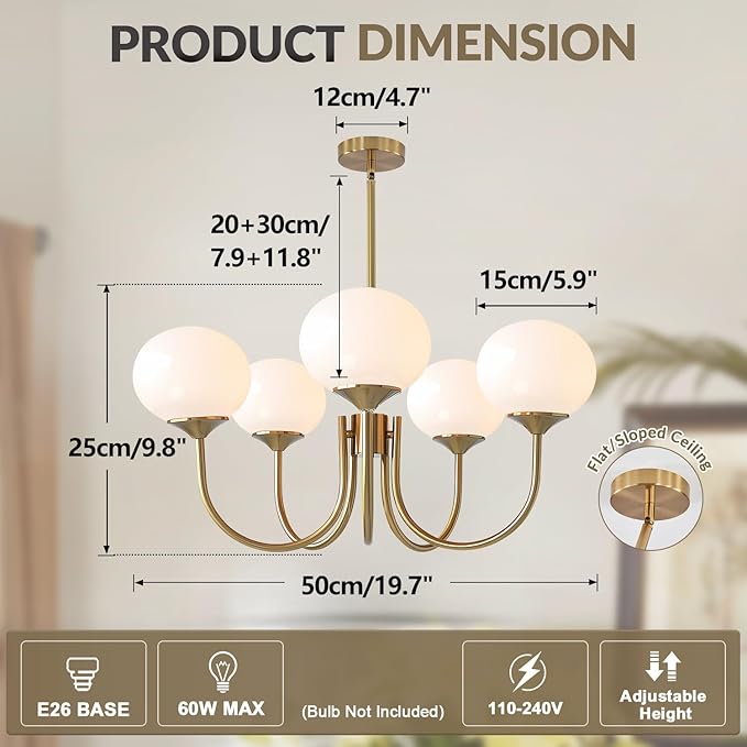 BOKT 5 Light Contemporary Milk White Glass Globe Chandelier Vintage Gold Sputnik Chandelier Light Fixture Adjustable Large Modern Brushed Brass Ball Sputnik Pendant Hanging Light Kitchen Island