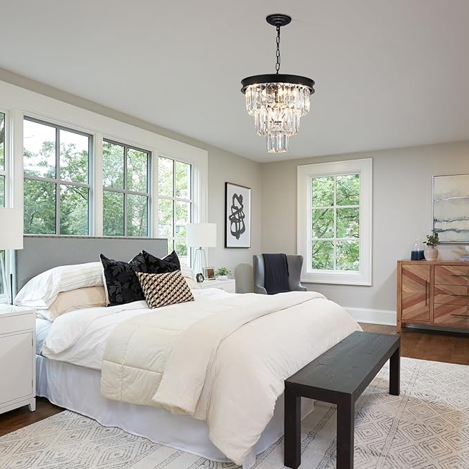 Crystal Chandeliers for Dining Room Light Fixtures Over Table，4-Lights Modern Black Crystal Pendant Lighting Fixture，3 Tiers Small Chandeliers for Kitchen Island Bedroom Entryway D12 Inch