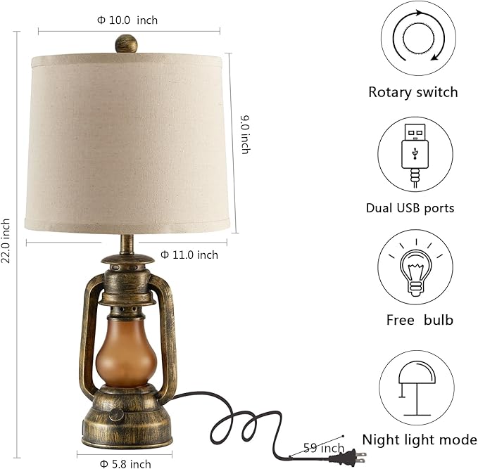 RORIANO Set of 2 Farmhouse Lantern Table Lamps for Living Room with 2 USB Charging Ports, Rustic Vintage Nightstand Lamps with Nightlight for Bedroom End Table Entryway, 4 Bulb Included