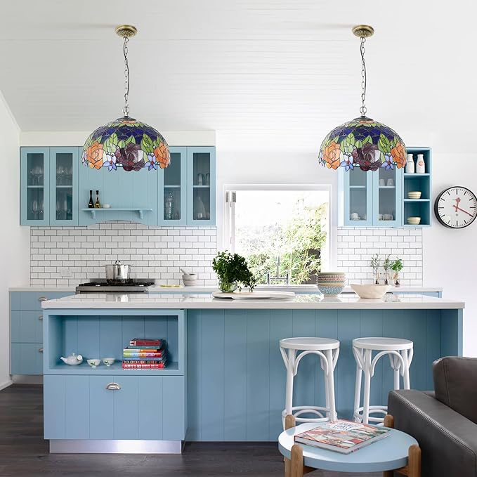 Tiffany Kitchen Island Pendant Light Rose Stained Glass Chandelier Victorian Hanging Lighting Fixture for Dining Living Room Study Hallway,15 inch