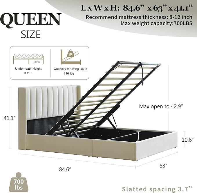 YUHUASHI Queen Size Hydraulic Storage Bed, Upholstered Platform Bed Frame, Modern Wingback Design Headboard, Velvet Fabric with Hydraulic Support Bars, No Box Spring Required (Cream, Queen)