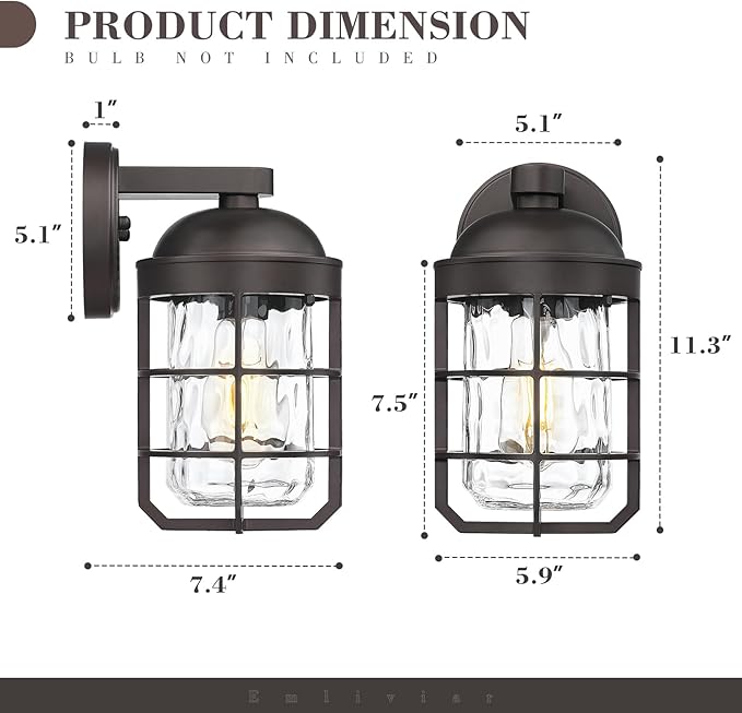 Emliviar Rustic Outdoor Wall Lanterns 2Pcs, Exterior Nautical Wall Sconce, Outside Wall Lamps with Water Ripple Glass in Oil Rubbed Bronze Finish, GE255BL-2PK ORB-WG