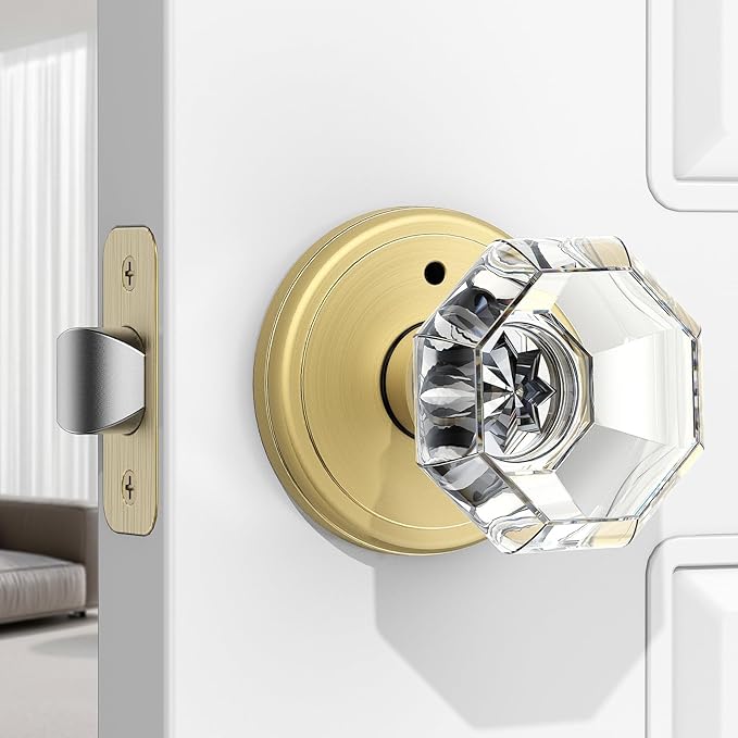 1 Pack Crystal Door Knob, Octagon Shaped Glass Door Knobs Interior with Lock, Satin Brass Door Knobs Interior Glass
