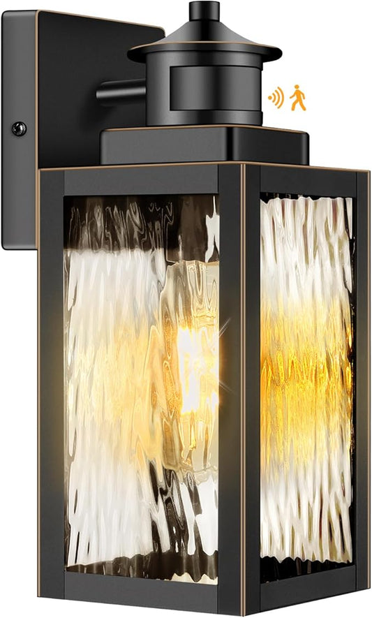 11.6" Motion Sensor Outdoor Wall Lights, Waterproof Exterior Lighting Fixtures with Water-Rippled Glass, Bronze Modern Outside Wall Sconce Lanterns for House, Porch, Garage, Patio, Bulbs Not Included