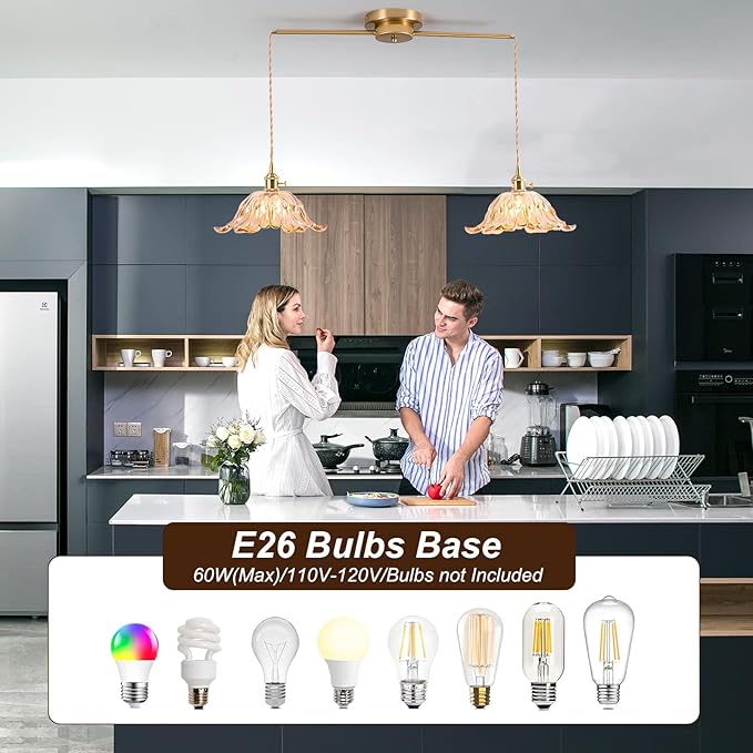 2-Lights Brass Vintage Pendant Light Fixtures, Modern Chandelier Pendant Light with Amber Flower Glass Lmapshade, Adjustable Hanging Lights for Kitchen Island Dining Room Hallway, E26,(Amber)