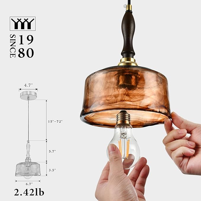 Modern Amber Glass Pendant Light, 6.7"x9.2" Round Hanging Fixture with Golden Wood Accent & Brass Cap, 15"-72" Adjustable Line, E26 Socket – Golden Amber Circle