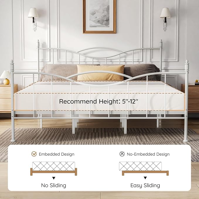 King Size Bed Frame with Headboard,Metal Platform Bed Frame Mattress Foundation with Footboard, Under Bed Storage, Strong Metal Slats Support, No Box Spring Needed, White