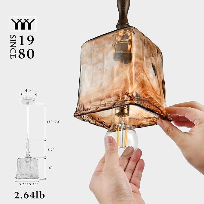 Modern Amber Glass Pendant Light, 5.25"x11.7" Elongated Hanging Fixture with Wood Grip & Brass Accent, 15"-72" Adjustable Line, E26 Socket – Golden Amber Rectangular