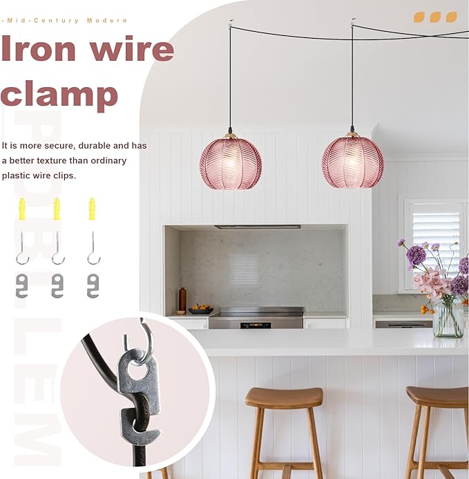 Pink Hanging Lamp Plug in Glass Chandelier Hanging Plug in Pendant Light Fixture with Ribbed Globe Shade Vintage Hanging Swag Lamps for Living Room Bedroom Dining Room Kitchen