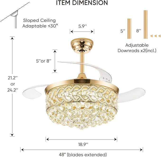 48“ Crystal Fandelier Ceiling Fan with Light, Retractable Ceiling Fans Chandelier Fan with Retractable Blades LED Dimmable Crystal Ceiling Fan Chandelier Fans for Bedroom Living Room-Gold