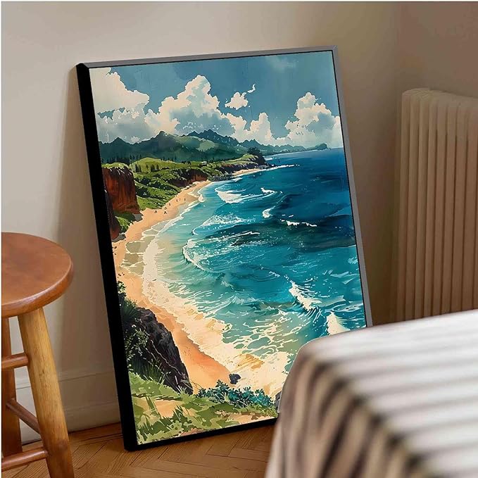 Framed Canva Prints Maui Watercolor Painting Hawaii Wall Art Maui Poster Home Décor Art Lovers Gift Watercolor Print Wall Hanging 20x30in-Black-Metal-Framed