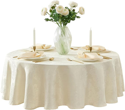 Newbridge Barcelona Luxury Damask Fabric Tablecloth, 70” Round, Antique White, 100% Polyester, No Iron, Soil Resistant Dining Room, Party and Banquet Table Cover