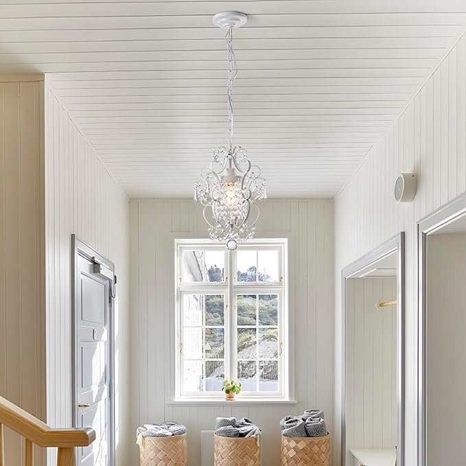 Mini Chandelier(1-Light,11-inch), White Crystal Chandelier Iron Ceiling Light Fixture,Small Crystal Chandeliers for Hallway,Foyer,Girls Room,Dining Room