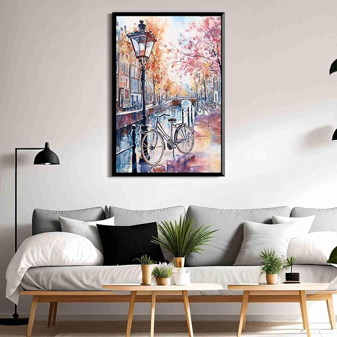 Framed Canvas Prints Amsterdam Canal Bikes Watercolor Print Netherlands Wall Art Print Amsterdam Cityscape Painting Dutch City Travel Poster Wall Hanging 12x18in-Black-Metal-Framed