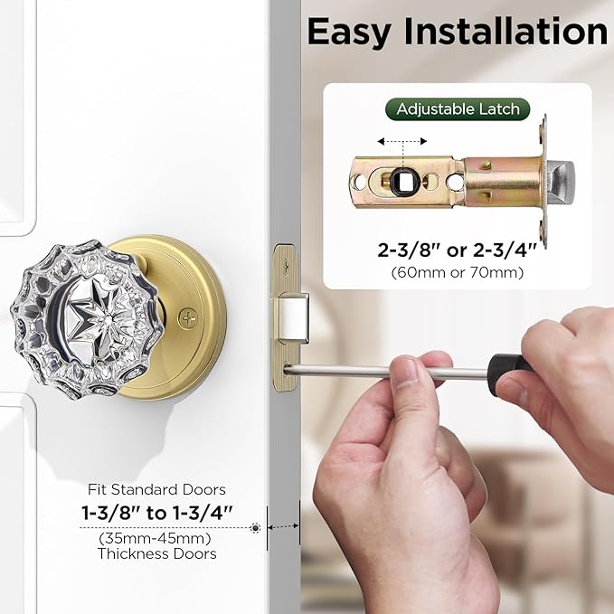 1 Pack Crystal Door Knob, Rosette Shaped Glass Door Knobs Interior with Lock, Satin Brass Door Knobs Interior Glass