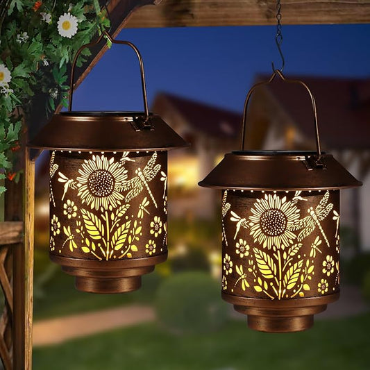 Solar Lantern Outdoor Hanging Sunflower Lights Gifts for Women Mom Metal Garden Decor Outside Waterproof LED Lanterns for Patio(Dragonfly + Sunflower-2pack)