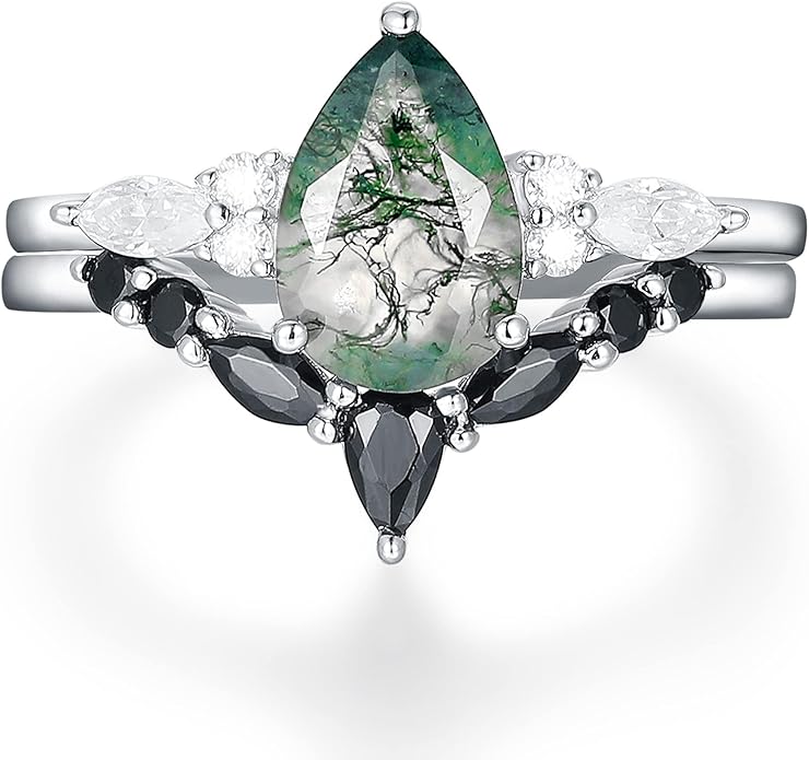 Black Gold Plated Natural Moss Agate Bridal Wedding Ring Sets for Women, 925 Sterling Silver Gothic Vintage Promise Rings and Eternity Black Spinel Band for Her - Boho Art Deco Platinum Plated Engagement Rings Size 4-9