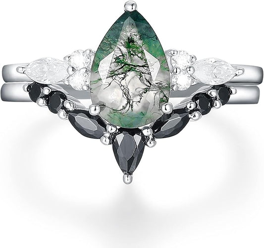 Black Gold Plated Natural Moss Agate Bridal Wedding Ring Sets for Women, 925 Sterling Silver Gothic Vintage Promise Rings and Eternity Black Spinel Band for Her - Boho Art Deco Platinum Plated Engagement Rings Size 4-9