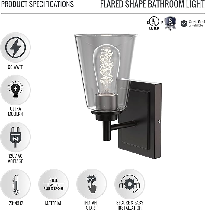 LEDMyplace E26 Base Bathroom Vanity Light Over Mirror, Modern Wall Light for Living Room, Bedroom, Bedroom Clear Glass Shade Oil Rubbed Bronze Finish Indoor Decorative Wall Lamp (Blub Not Included)