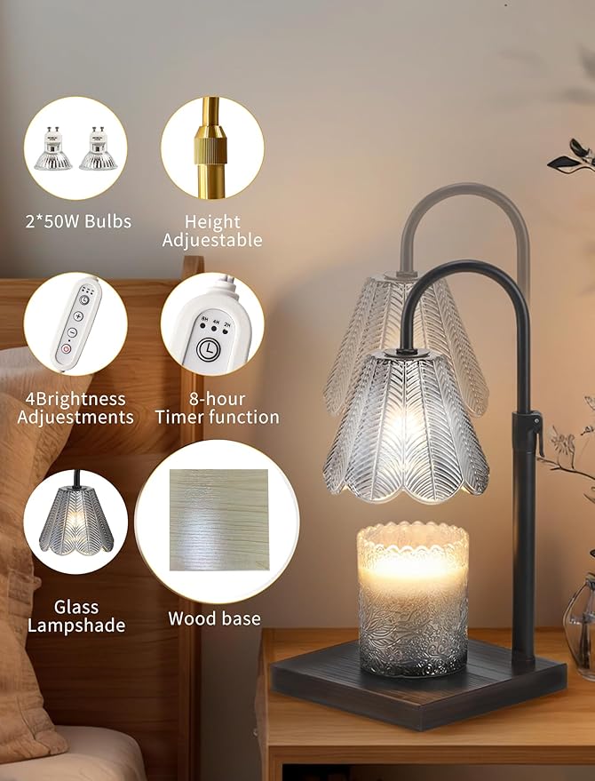 Candle Warmer Lamp with Timer & Dimmer, 2 Bulbs, Height Adjustable, Fit All Size Jar Scented Candles, Safe Aromatherapy Light for Sleep, Work, Yoga, Bedroom, Office, Gift (Smoky Gray)