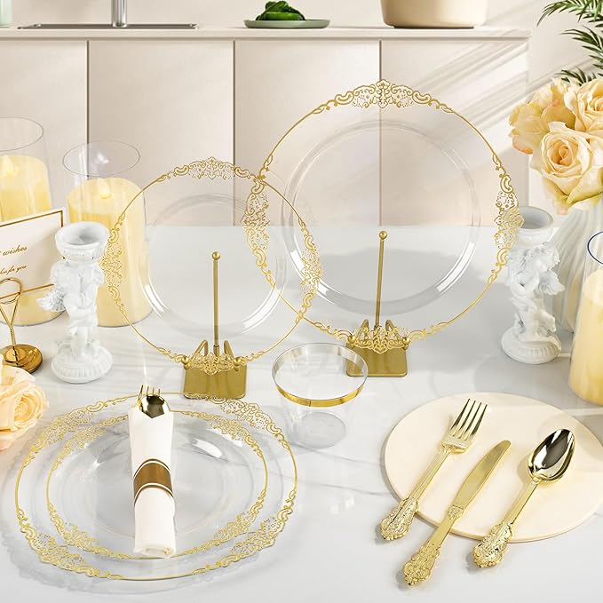 350PCS Clear Plastic Plates for 50 Guests, =Disposable Dinnerware Sets Include 50 Gold Rim Plastic Plates, 25 Silverwares, 25 Cups, and 25 Pre Rolled Napkins for Party, Wedding and Graduation