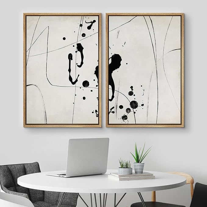 MUDECOR Framed Canvas Print Wall Art Set Grunge Ink Blot Paint Splatter Collage Abstract Shapes Illustrations Modern Art Decorative Bohemian for Living Room, Bedroom, Office - 16"x24"x2 Natural