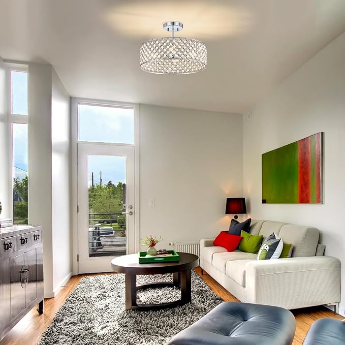 Chrome Crystal Ceiling Light Fixture,Modern Semi Flush Mount Ceiling Lighting Fixture,Round Small Chandelier for Dining Room, Hallway, Entryway, Kitchen, Bedroom,Foyer,4 Light,15.7 inch