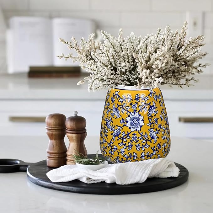 Hollyone Blue and Yellow Porcelain Vase Chinoiserie Floral Vases Large Vintage Tall Blue Ceramic Vase for Home Mantle Shelf Living Room Table Centerpieces Decor, 7 Inch