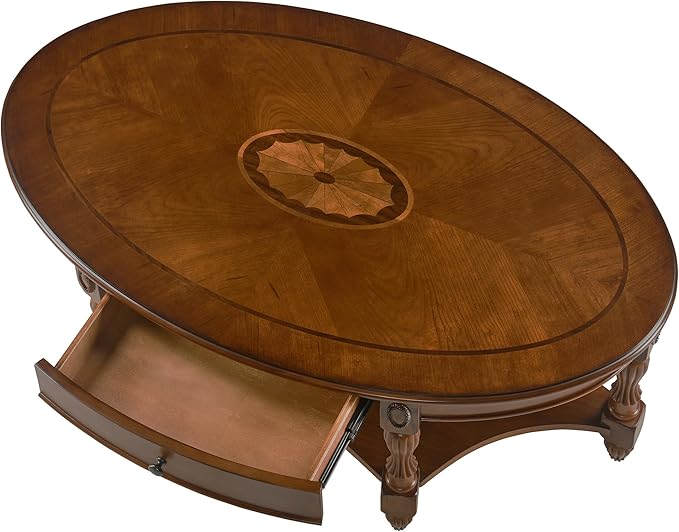 Solid Wood Coffee Table with Drawer and Storage Shelf, Oval Living Room Cocktail Tea Table, Traditional Center Table with Carvings Side Elegant Vintage 45”L x 27.6”Wx18.2”H Caramel Brown KFZ-1533-MG
