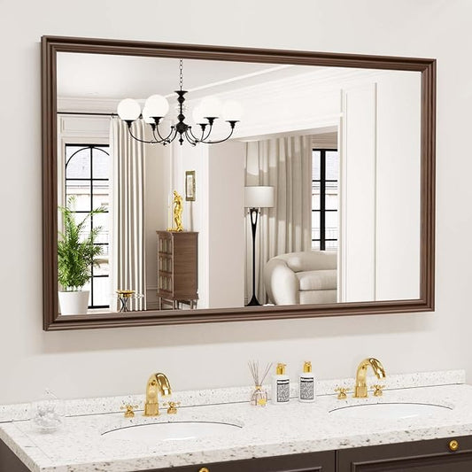 WEER Retro Copper Bathroom Mirror, 48x30 Inch Bronze Oil Rubbed Framed Mirror, Rectangle Classic Vintage Framed Wall Mirror, Farmhouse Vanity Mirror, Tempered Glass, Vertically or Horizontally