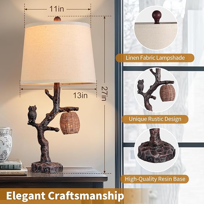 27" Rustic Farmhouse Table Lamps Set of 2, 3-Way Lighting Modes Bedside Table Lamps for Bedroom with Nightlight, Owl Lamp for Living Room with USB C+A, Night Stand Lamps for Western Cottage Decor