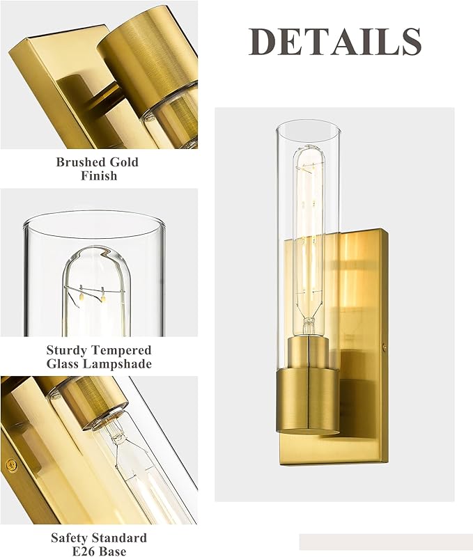 1-Light Bathroom Vanity Light, HWH Modern Sconce Wall Lighting with Cylinder Clear Glass Shade, Vanity Wall Sconce in Brushed Gold Finish for Bedroom Kitchen Powder Room, 5HY104B BG