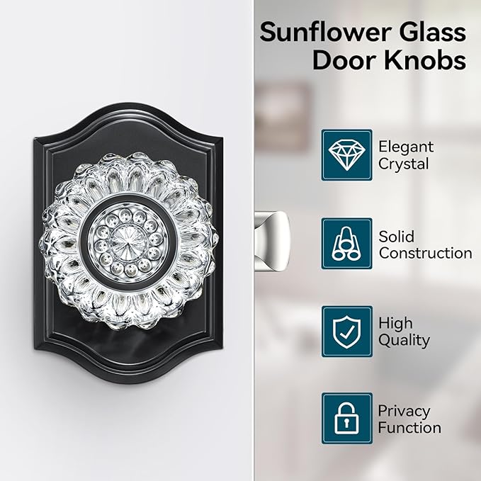 3 Pack Glass Door Knobs, Crystal Door Knobs with Lock for Privacy Use, Black Glass Crystal Door Knobs Interior for Bedroom Bathroom, Vintage Crystal Glass Door Knob Set