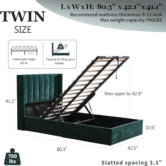 YUHUASHI Queen Size Hydraulic Storage Bed, Upholstered Platform Bed Frame, Modern Wingback Design Headboard, Velvet Fabric with Hydraulic Support Bars, No Box Spring Required (Ink Green, Twin)